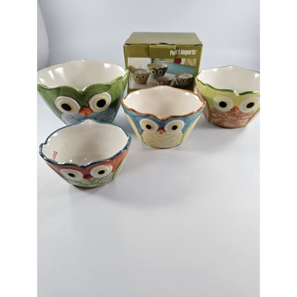 Pier 1 Imports Owl Ceramic Measuring Cup 4 Piece Set New In Original Box - Picture 1 of 8